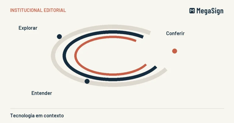 Ilustração editorial de tecnologia em contexto: explorar, conferir, entender, em azul-marinho e terracota sobre areia.
