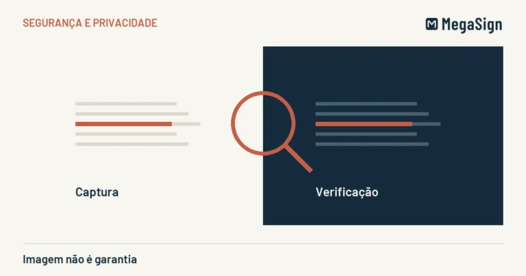 Ilustração editorial de imagem não é garantia: captura, verificação, em azul-marinho e terracota sobre areia.
